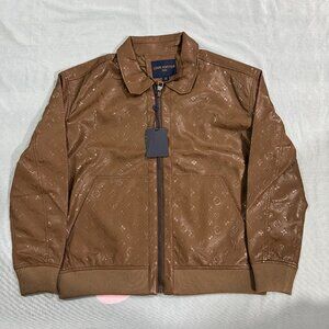 Louis Vuitton Brown Monogram-Embossed Leather Lapel Zip-Up Jacket
